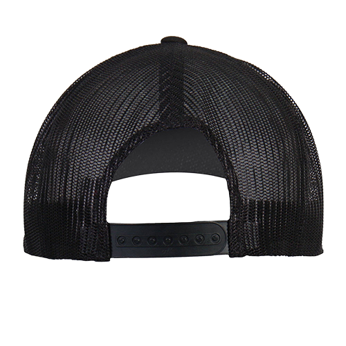 Back side of a black mesh snapback cap.