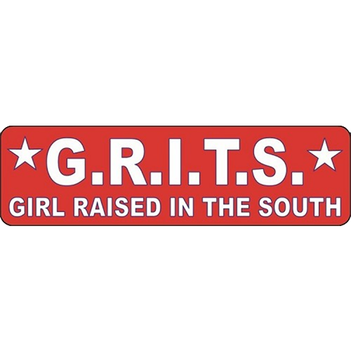 A red helmet sticker with white text that reads 'G.R.I.T.S. GIRL RAISED IN THE SOUTH' with two white stars on the sides.