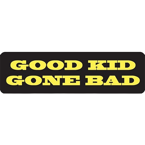 A black vinyl helmet sticker with the text 'GOOD KID GONE BAD' in bold yellow capital letters.