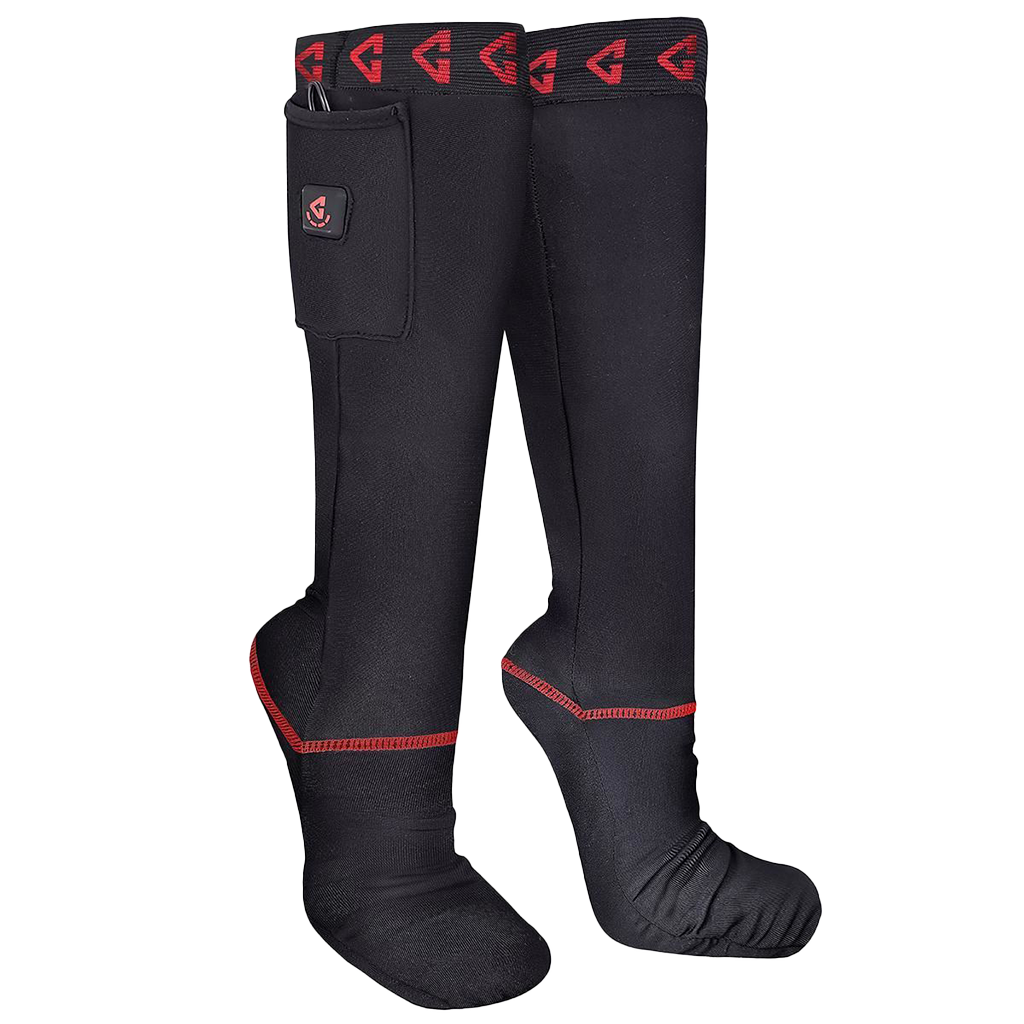 A pair of black Gerbing 7V heated sock liners with red detailing and a visible brand logo on the upper side.