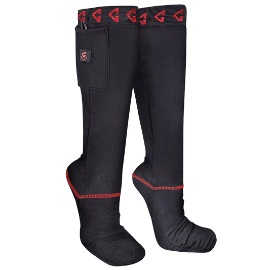 A pair of black Gerbing 7V heated sock liners with red detailing and a visible brand logo on the upper side.