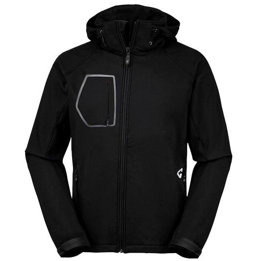 A black Gerbing 7V Men's Torrid Softshell Heated Jacket with a hood, featuring a zippered front and microwire heating zones.