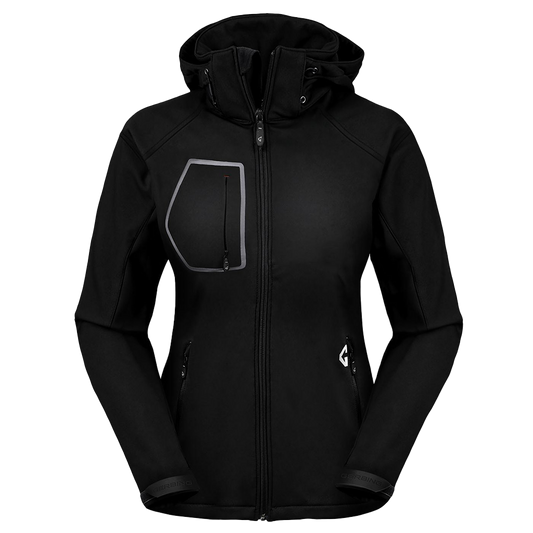 A black Gerbing 7V Women's Torrid Softshell Heated Jacket with visible heating elements on the front and a hood.
