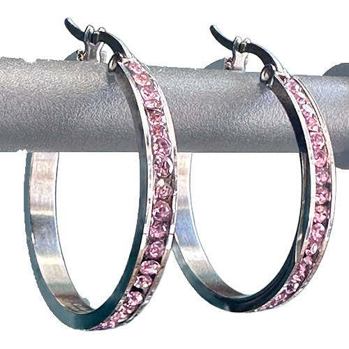 Stainless Steel Hoop Earrings โ Pink Crystals Silver Finish