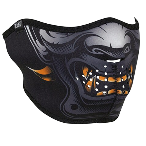 Black and orange face mask with a horned demon design