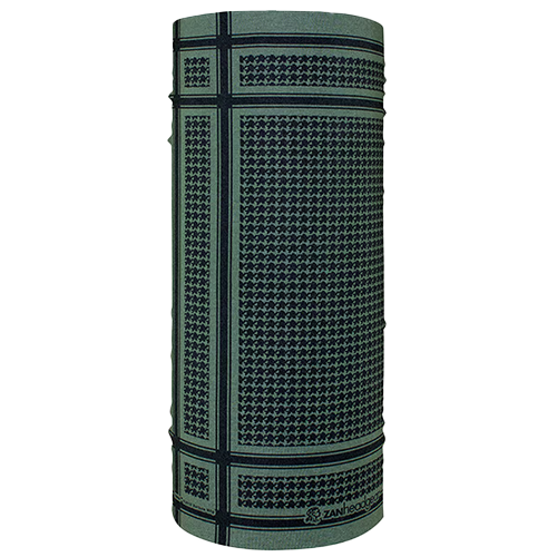 A green houndstooth polyester motley tube in olive color, displaying the textured pattern around its circumference.