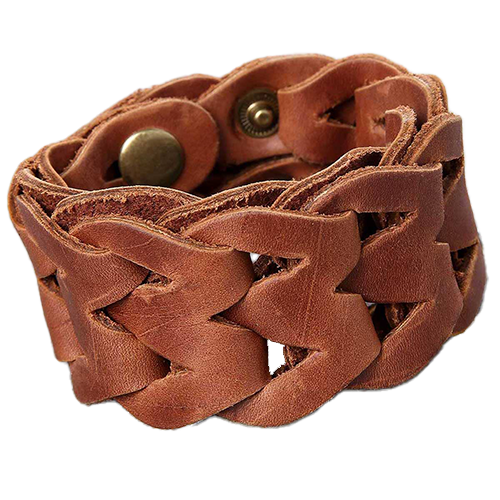 A brown distressed leather bracelet with an interlocked braided design and a snap closure.