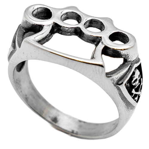 A silver-colored stainless steel ring with a knuckles design and skull and crossbones details on the sides.
