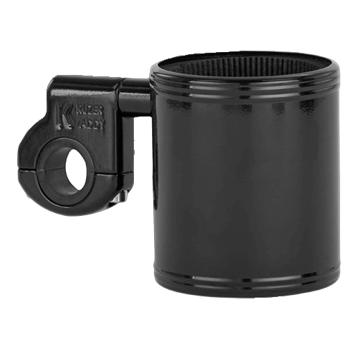 Black clamp mount drink holder designed for motorcycles, with a stainless steel construction and a mounting stud.