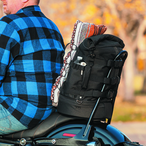 Kuryakyn Momentum Freeloader Duffel mounted on a motorcycle sissy bar