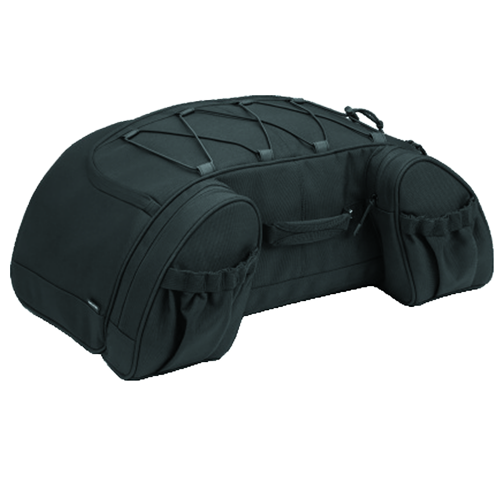 A black Kuryakyn Momentum Hitchhiker Trunk Rack Bag designed for mounting to a motorcycle rack.
