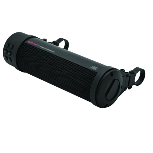 A satin black Kuryakyn Road Thunder Plus Sound Bar designed for motorcycles, showing the speaker system from a side angle.