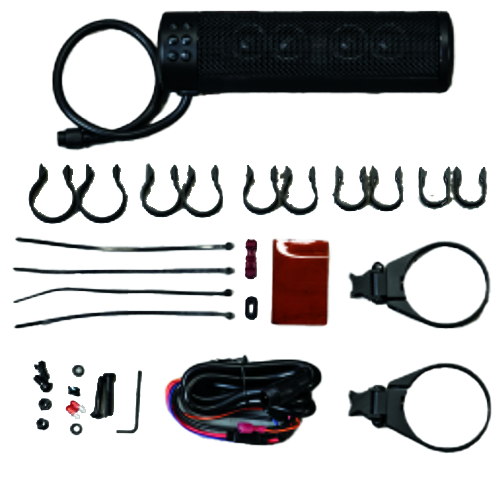 Black motorcycle sound bar with four tweeters and dual full-range speakers