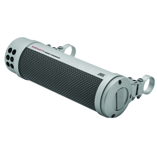 A handlebar-mounted speaker system in Satin Silver color, designed for motorcycles.