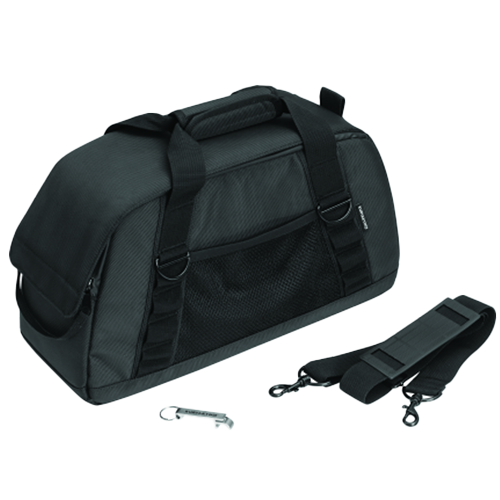 A black Kuryakyn saddlebag cooler with side-mounted carry handles and a bonus bottle opener.