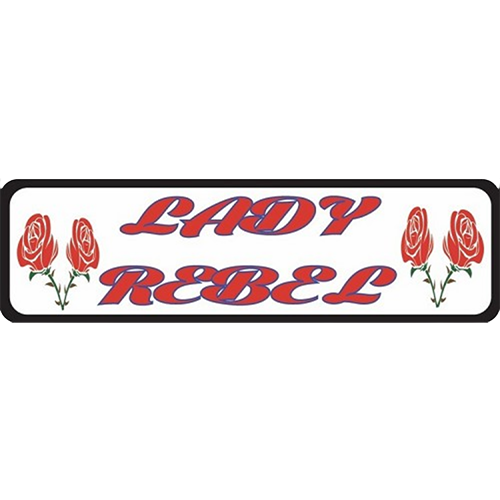 A helmet sticker with the text 'LADY REBEL' and red roses on a white background