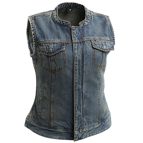 Lexy Women’s Motorcycle Denim Vest – Washed Blue Denim Club Style