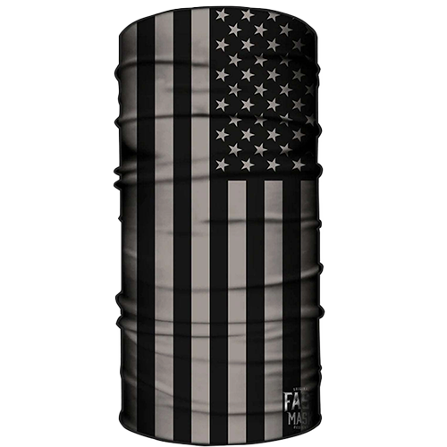 A neck gaiter with a blacked-out American flag design