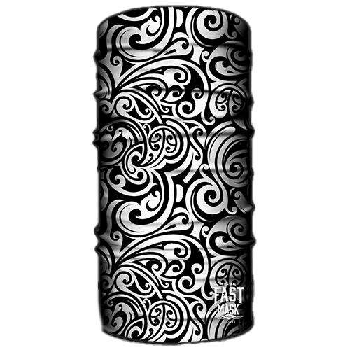 A white neck gaiter with a paisley pattern design.