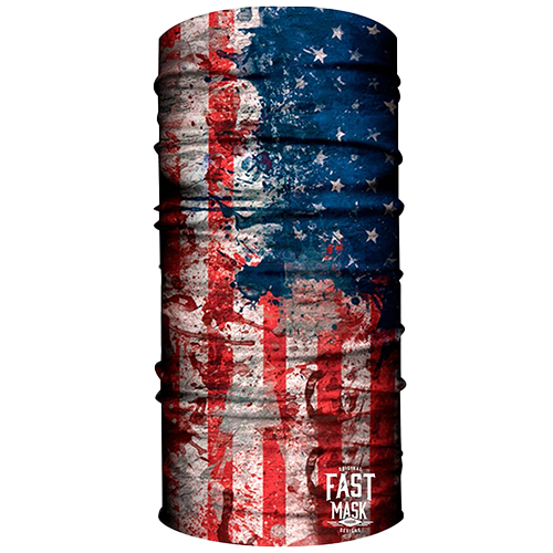 A neck gaiter with a hand-painted style design resembling the American flag with red and blue strokes and stars.