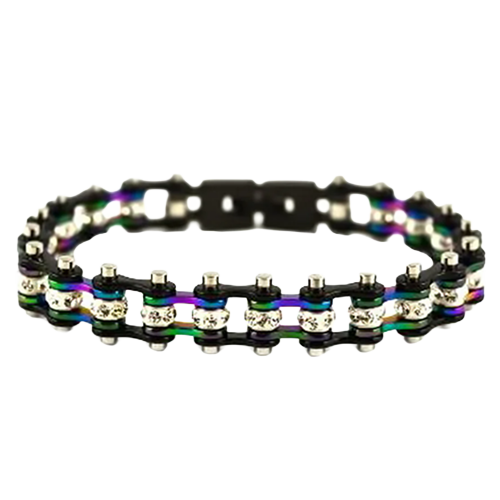 A stainless steel motorcycle bike chain bracelet with a black exterior and a rainbow-colored interior, featuring a bright, spinning crystal center.