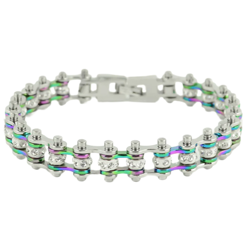A stainless steel motorcycle bike chain bracelet with a silver exterior and rainbow-colored links, featuring a bright, crystal-filled center.