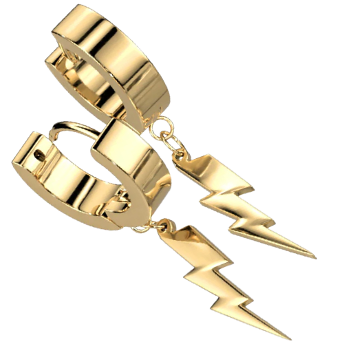 A pair of gold-tone hoop earrings featuring a lightning bolt charm.