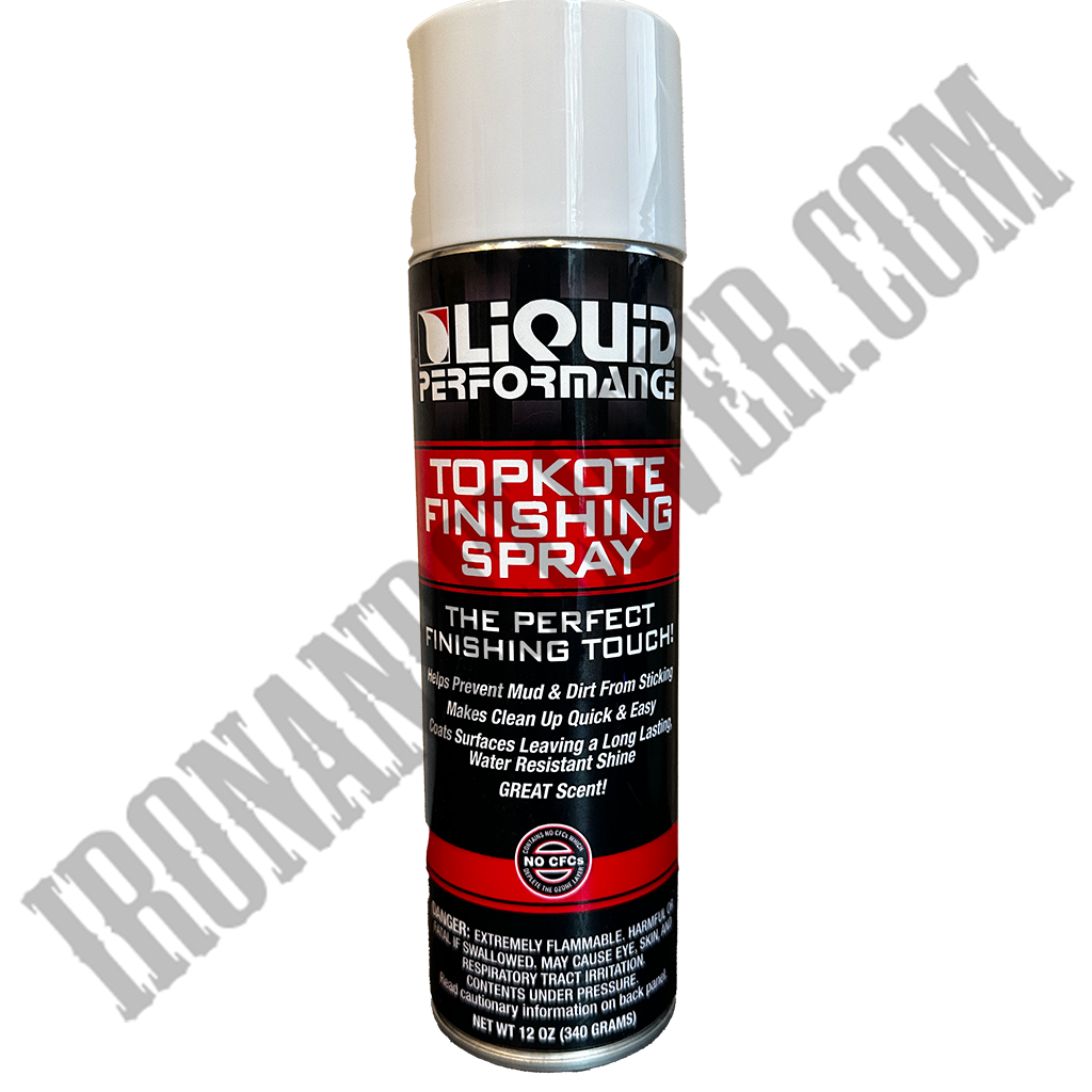 A can of Liquid Performance TopKote Finishing Spray with a predominantly black and red label, indicating it is a silicone-based aerosol spray for vinyl, plastics, and rubber.