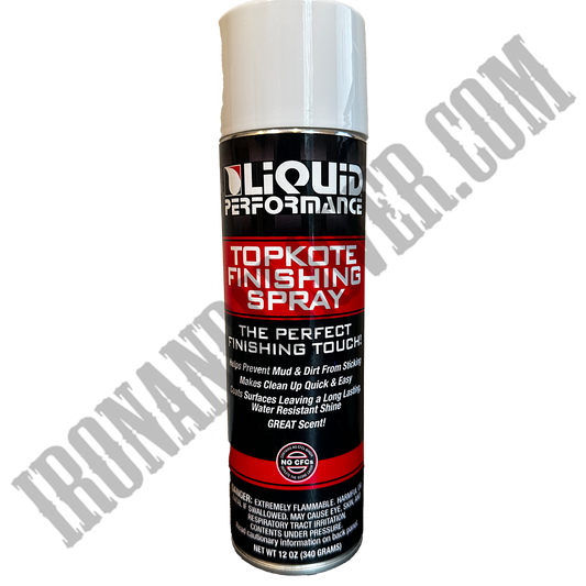 A can of Liquid Performance TopKote Finishing Spray with a predominantly black and red label, indicating it is a silicone-based aerosol spray for vinyl, plastics, and rubber.