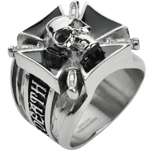 Silver ring with skull design and 'DEATH' engraving