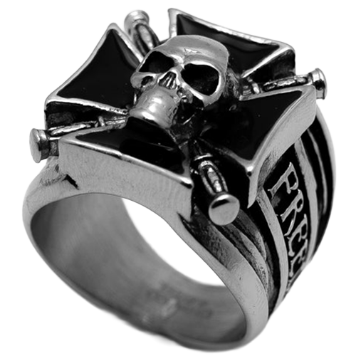 Silver ring with skull design and 'FREE' engraving