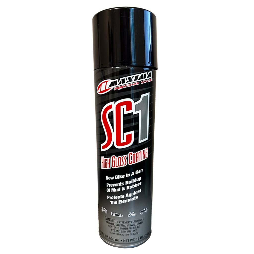 A can of Maxima SC1 High Gloss Coating, designed for use on vehicle surfaces to protect against mud and rubber.