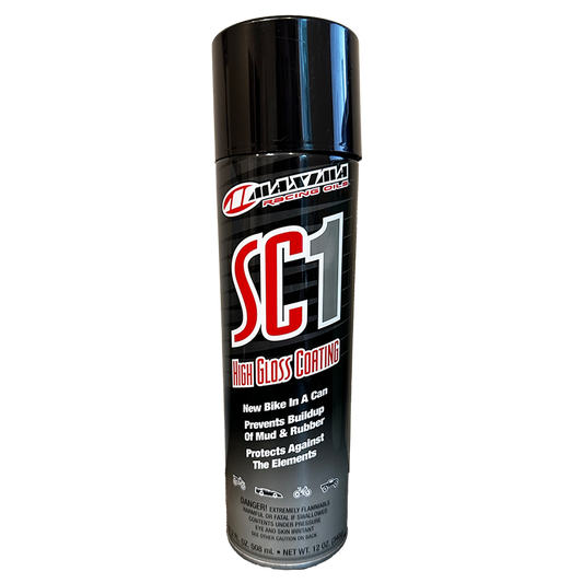 A can of Maxima SC1 High Gloss Coating, designed for use on vehicle surfaces to protect against mud and rubber.