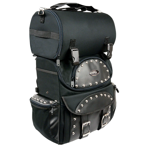 Black studded motorcycle touring bag with detachable barrel bag.