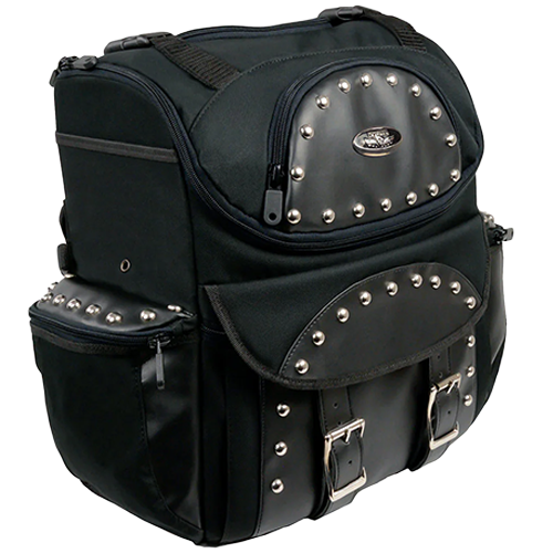 Black studded motorcycle touring bag without detachable barrel bag.