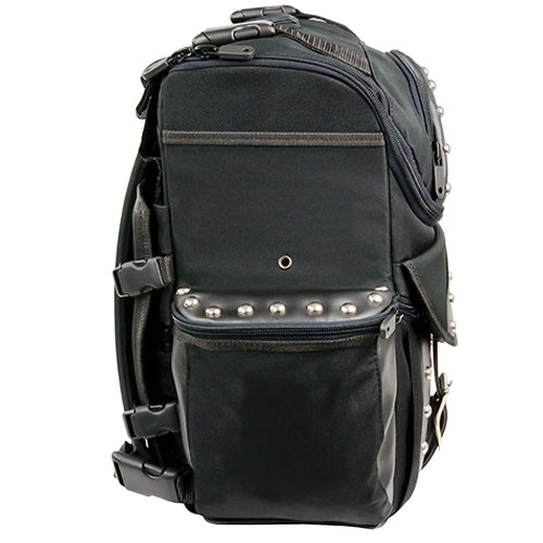 Black studded motorcycle touring bag without detachable barrel bag side view.