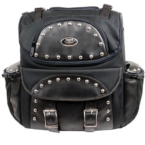 Black studded motorcycle touring bag without detachable barrel bag front view.