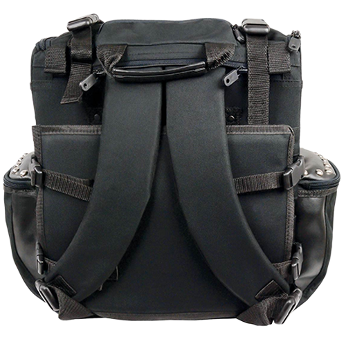 Black studded motorcycle touring bag with detachable barrel bag back side view.