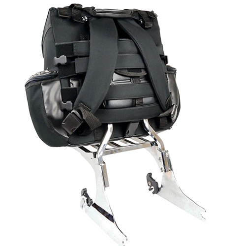 Black studded motorcycle touring bag with detachable barrel bag displayed on sissy bar.