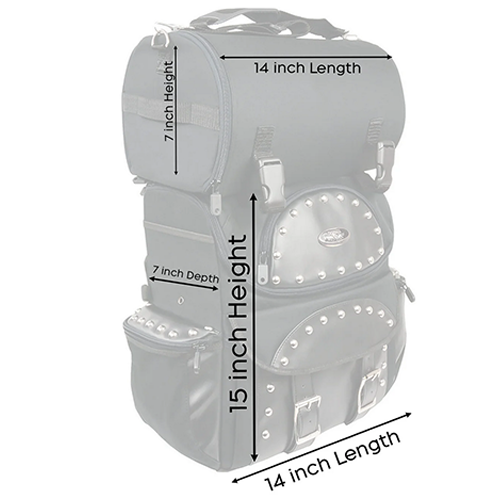 Measurement chart of a ssissy bar bags with dimensions labeled on a white background