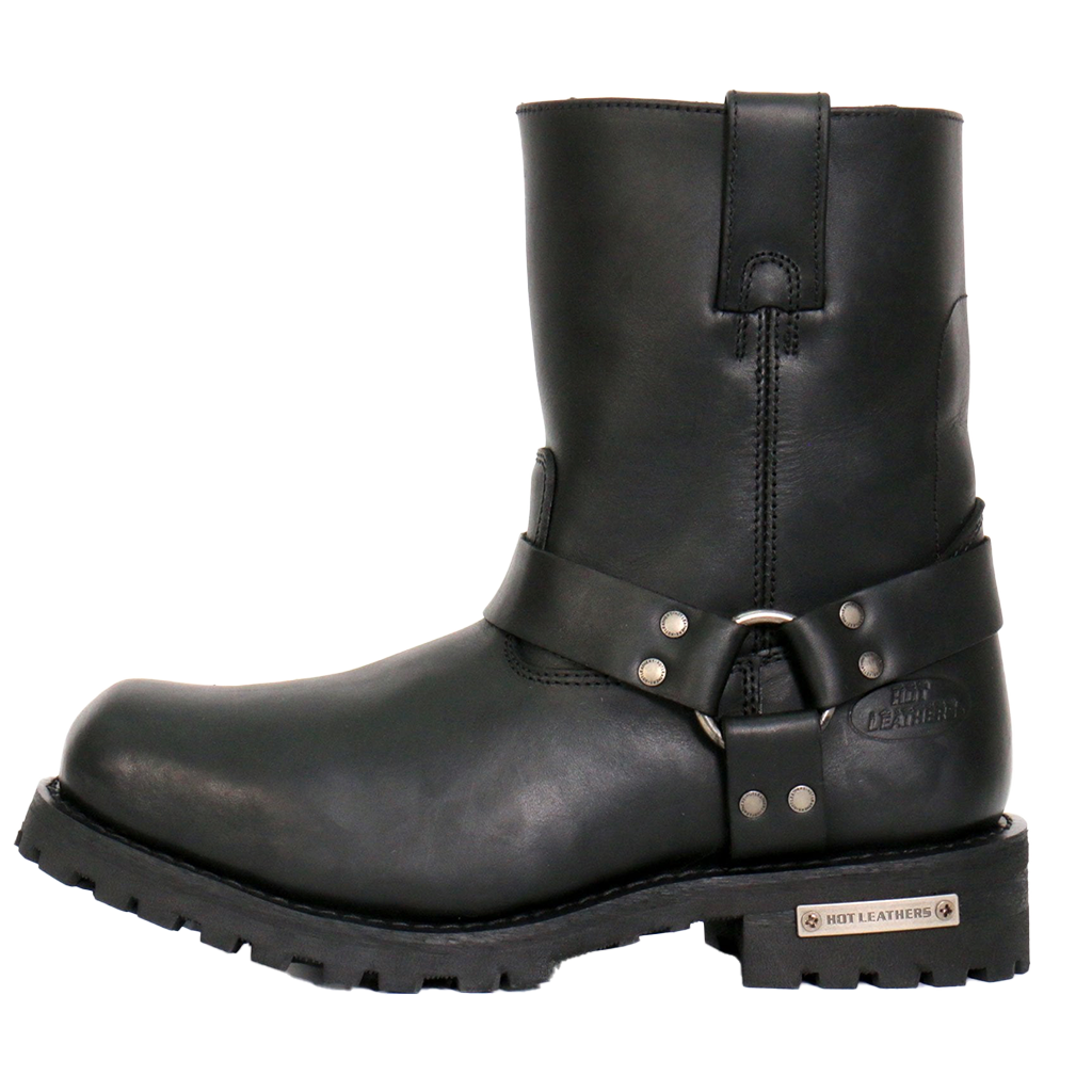 A black shorty harness boot with a zipper and buckles on the ankle area, featuring a round toe and a low heel.