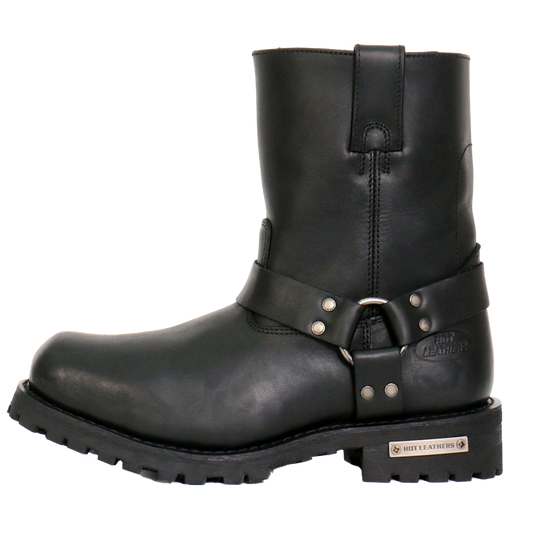 A black shorty harness boot with a zipper and buckles on the ankle area, featuring a round toe and a low heel.