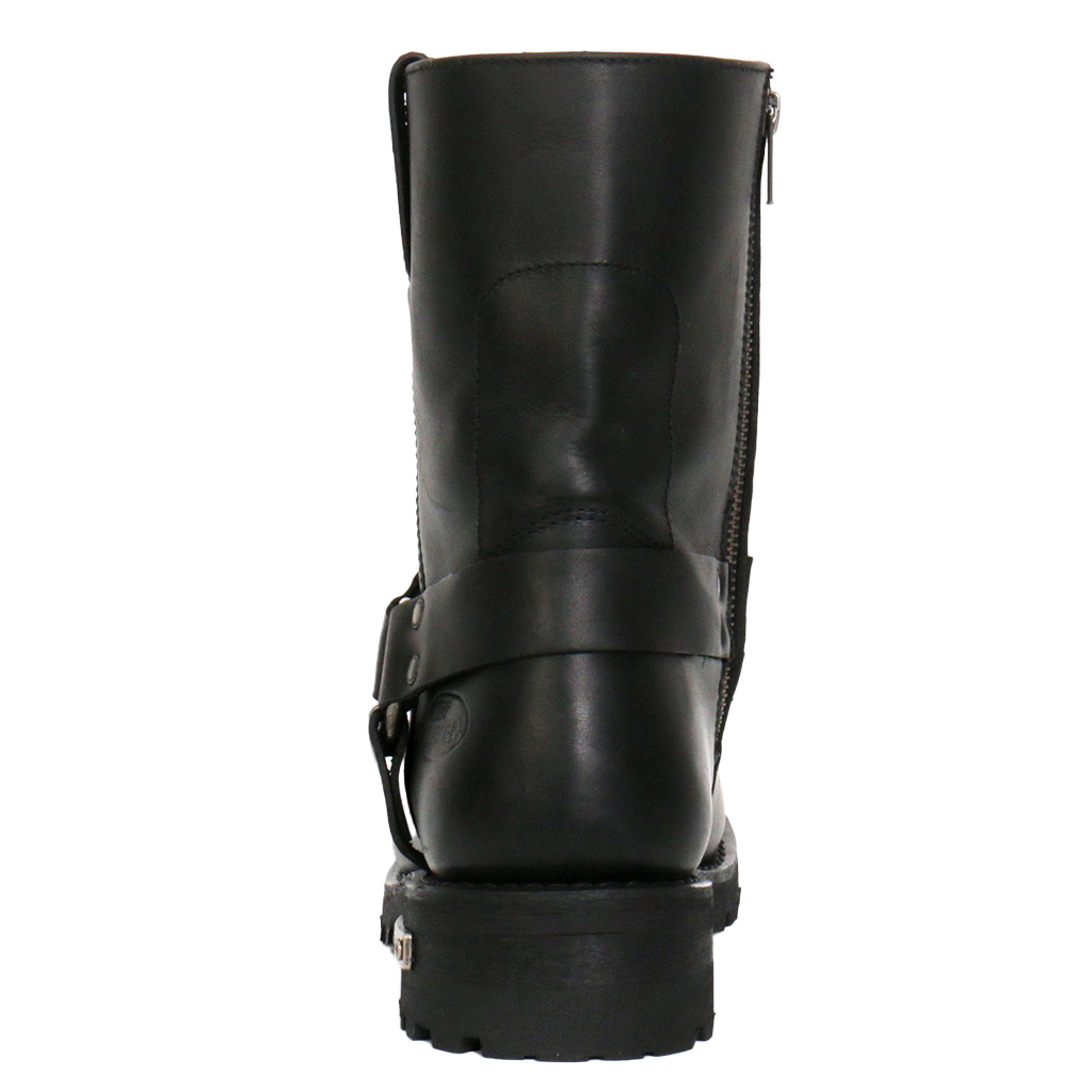 Mens Waterproof Leather Motorcycle Boot With Harness Strap Heel View