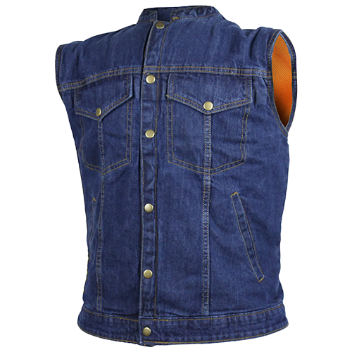 A blue denim vest with button-up front and multiple pockets, designed for men.