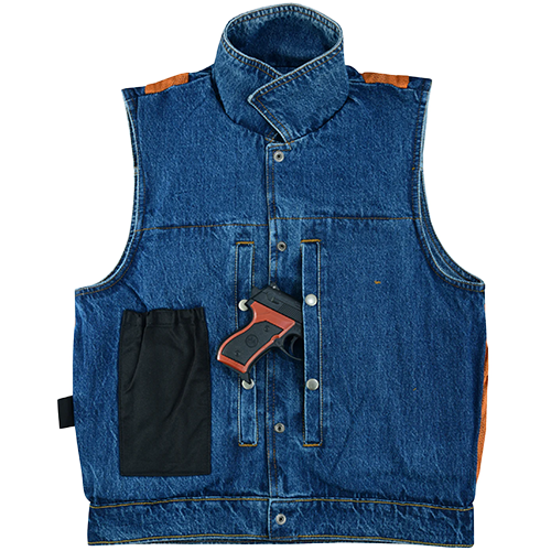 Lined Denim Biker Vest with Pockets and Shirt Collar Inside Out