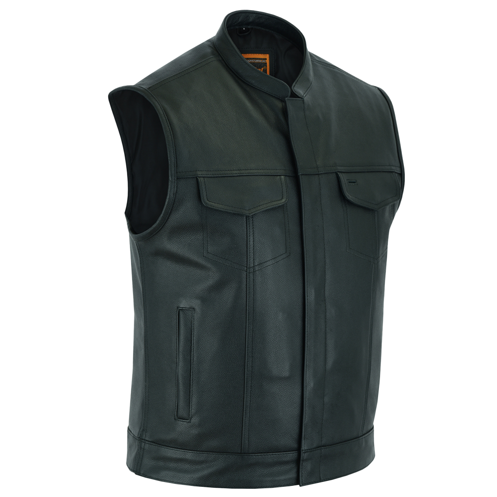 A black leather vest with a mandarin collar, concealed carry pockets