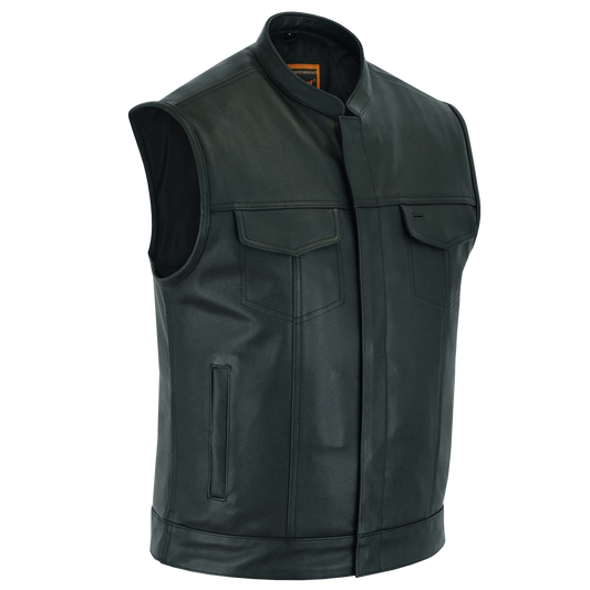 A black leather vest with a mandarin collar, concealed carry pockets