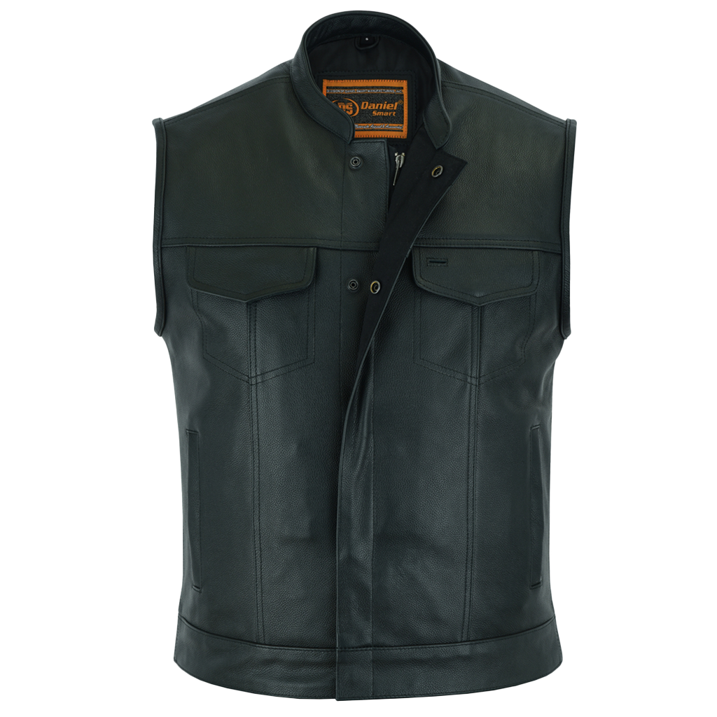 Menβs Black Leather Full Coverage Vest With Mandarin Collar