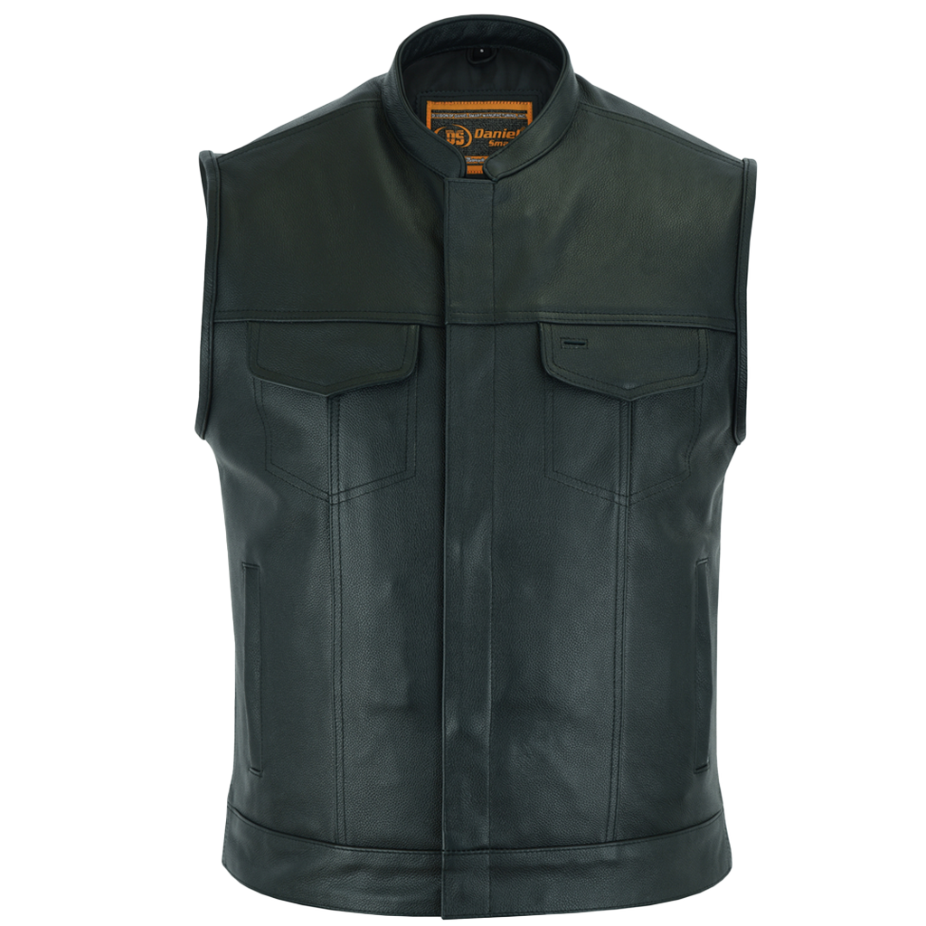 Menβs Black Leather Full Coverage Vest With Mandarin Collar
