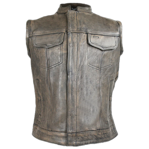 A front view of a brown leather vest with a mandarin collar, featuring a streamlined design and multiple pockets.